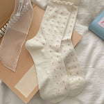 Load image into Gallery viewer, Diamond Grid Ruffle Trim Cotton Mid-Calf Socks Women N6H009