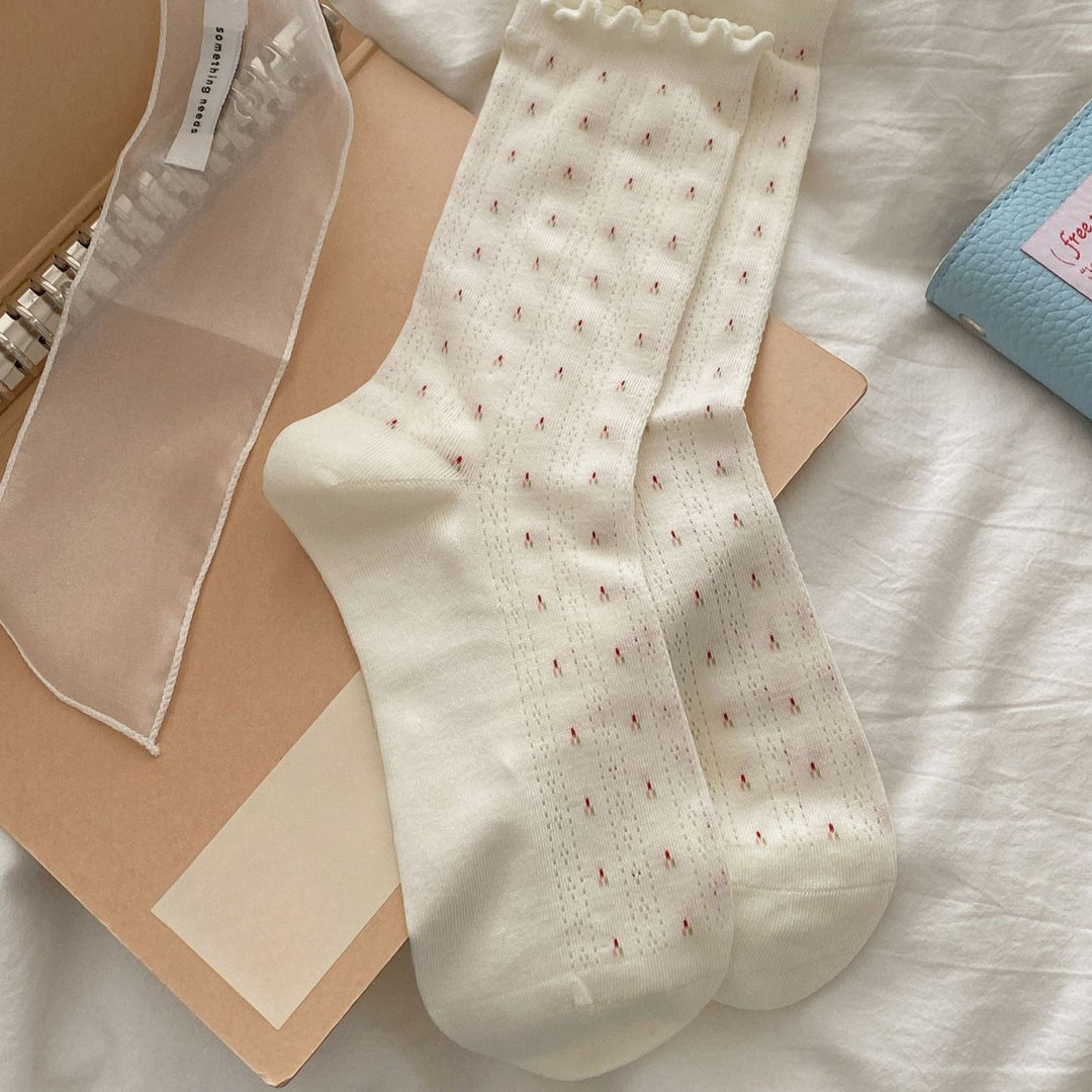 Diamond Grid Ruffle Trim Cotton Mid-Calf Socks Women N6H009