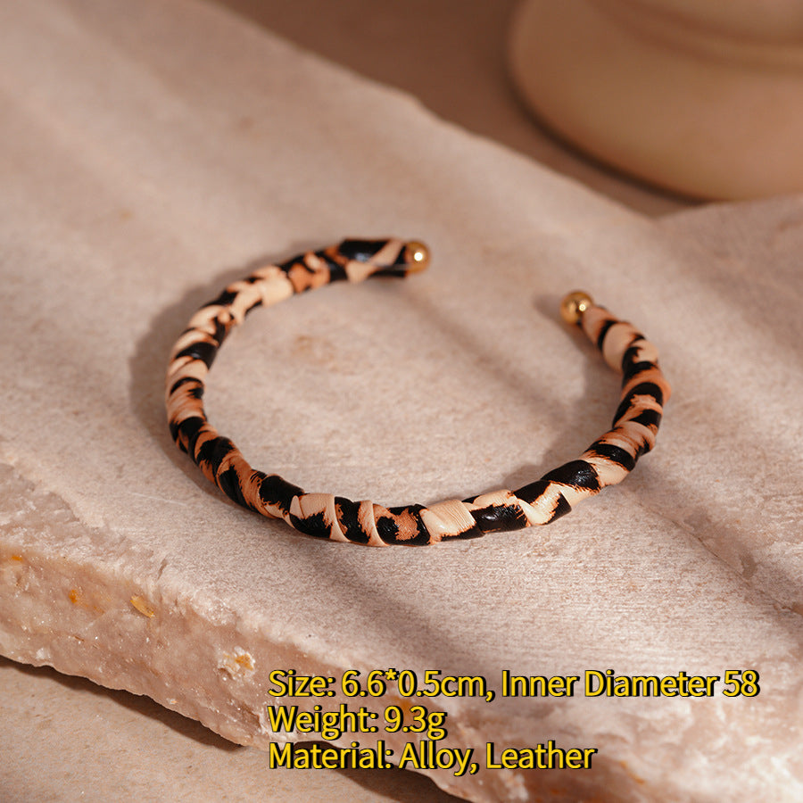 Leopard Flocked Leather Bangle Geometric Open Alloy S5P255