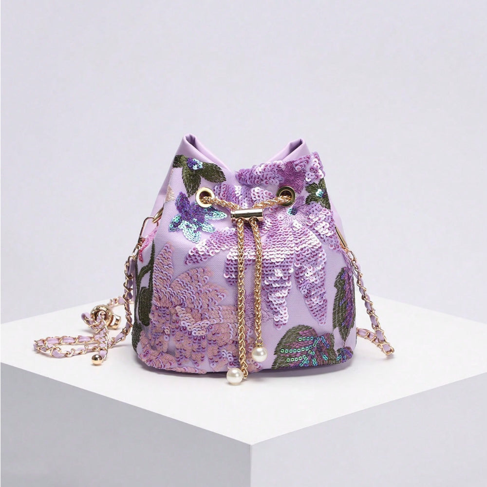 Floral Embroidered Sequin Mesh Bucket Bag Women N6E010
