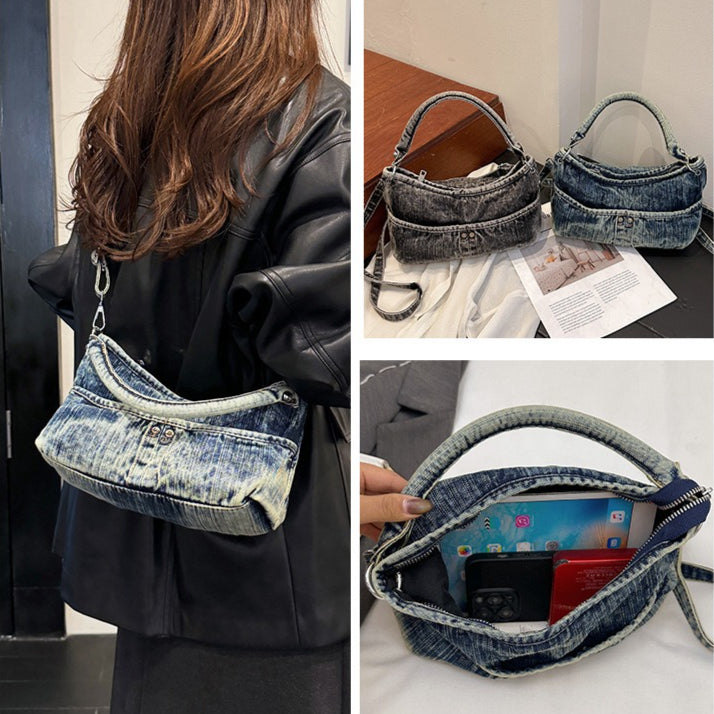 Women's Washed Gradient Denim Dumpling Shoulder Bag N6J202