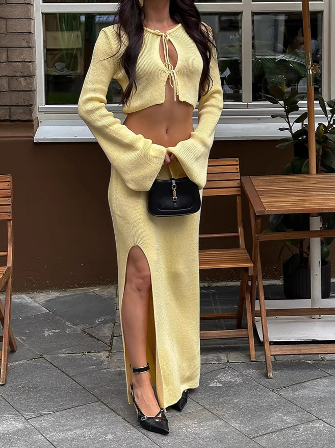 Bell Sleeve Slit Skirt Set Tie Waist Heavyweight N5Z462