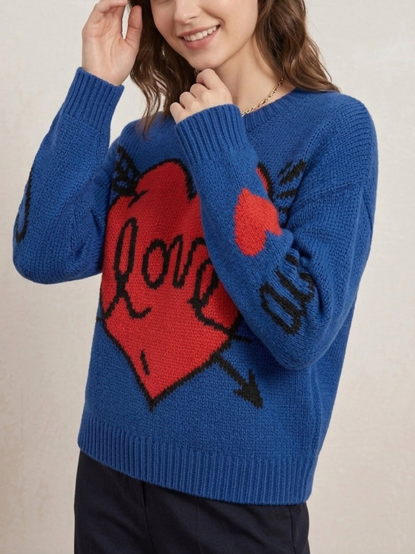 Heart Print Long Sleeve Round Neck Loose Knit Sweater N6H302