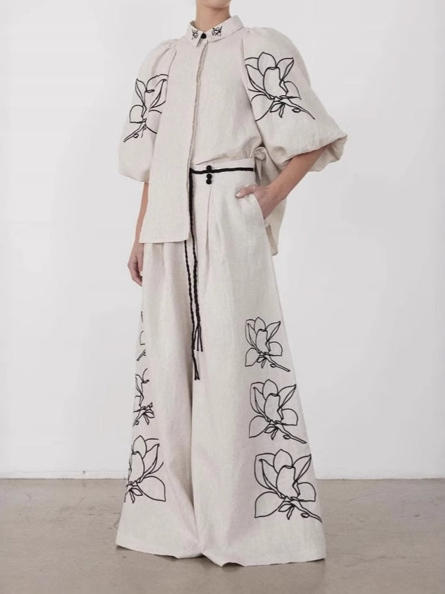 Embroidered Linen Wide Leg Pants Suit Women N6F188