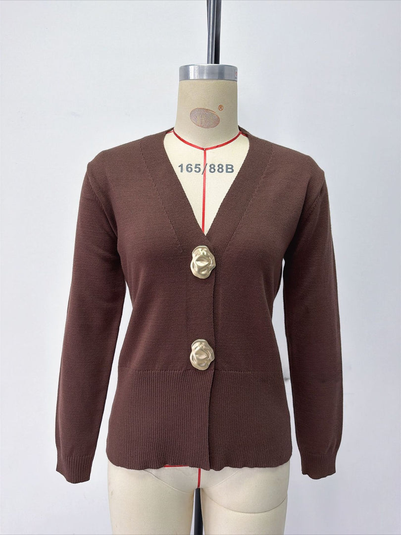Solid V-Neck Long Sleeve Cardigan Women N6G183