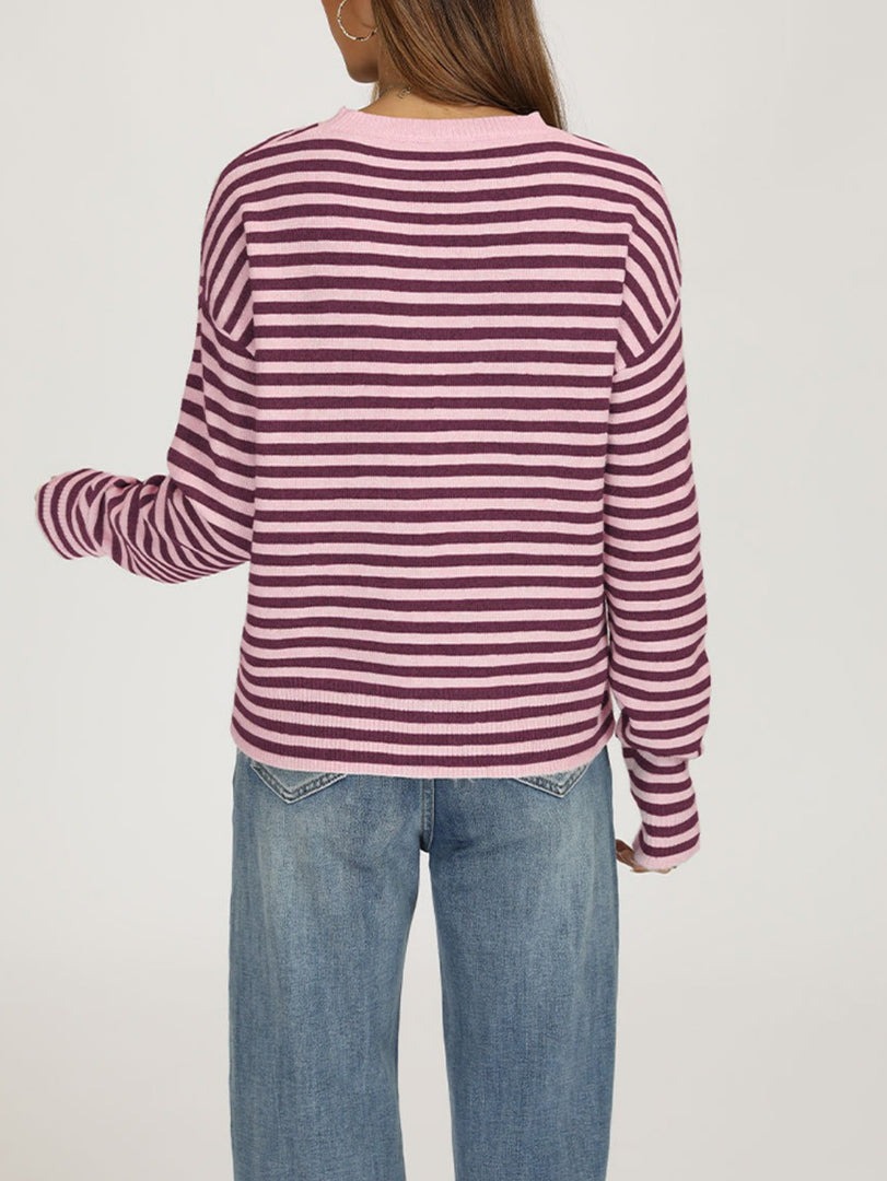 Striped Shawl Neck Round Neck Oversized Sweater Women N6H288