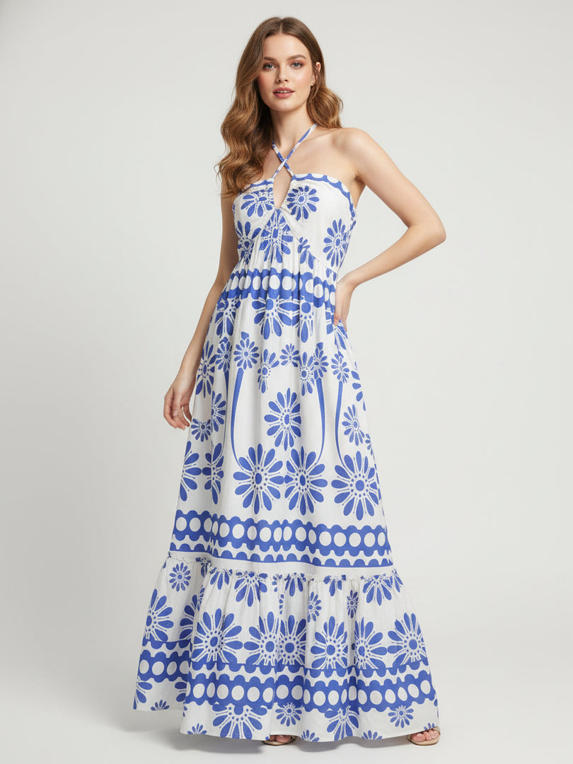 Ethnic Print Off-Shoulder Cross Beach Dress Women N6C255