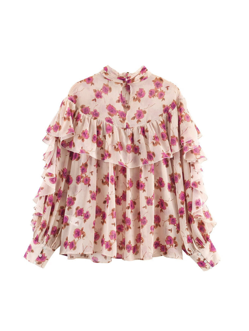 Retro Floral Layered Blouse Women N6C116