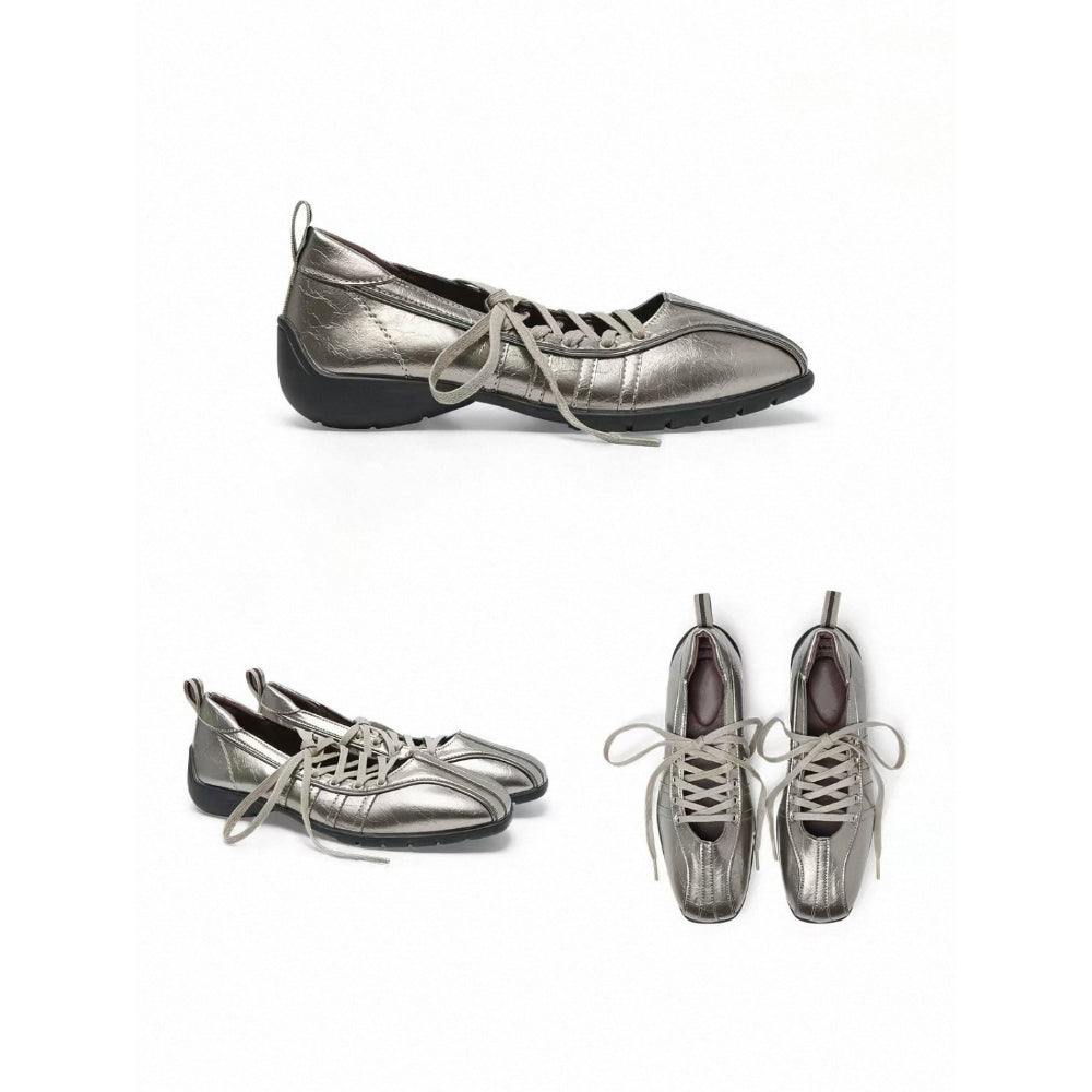 Silver Square Toe Ballet Mary Jane Flat Shoes Women N6G252