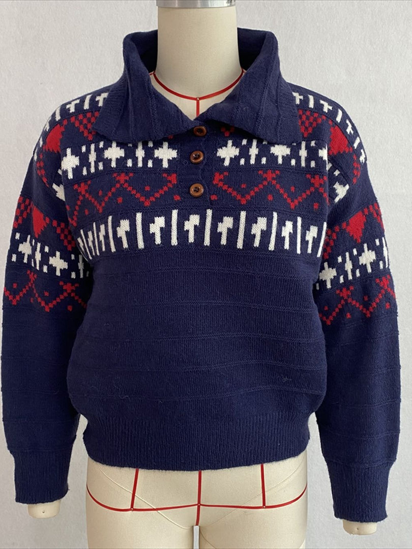 Fair Isle Polo Half Zip Knit Sweater Women Commuter N6H283