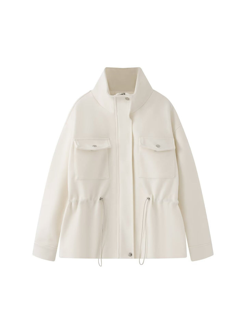 Loose Zip Stand Collar Adjustable Waist Jacket Women N6H130