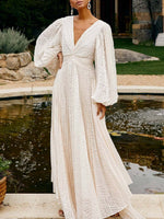 Load image into Gallery viewer, Jacquard Pleated Lantern Sleeve Gown Women N5A274