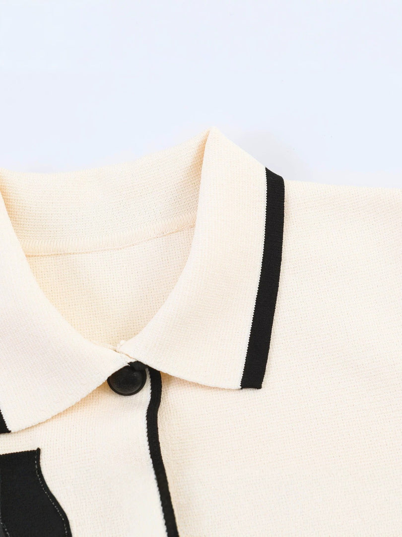 Color Block Trim Short Sleeve Knit Cardigan Women N6G158