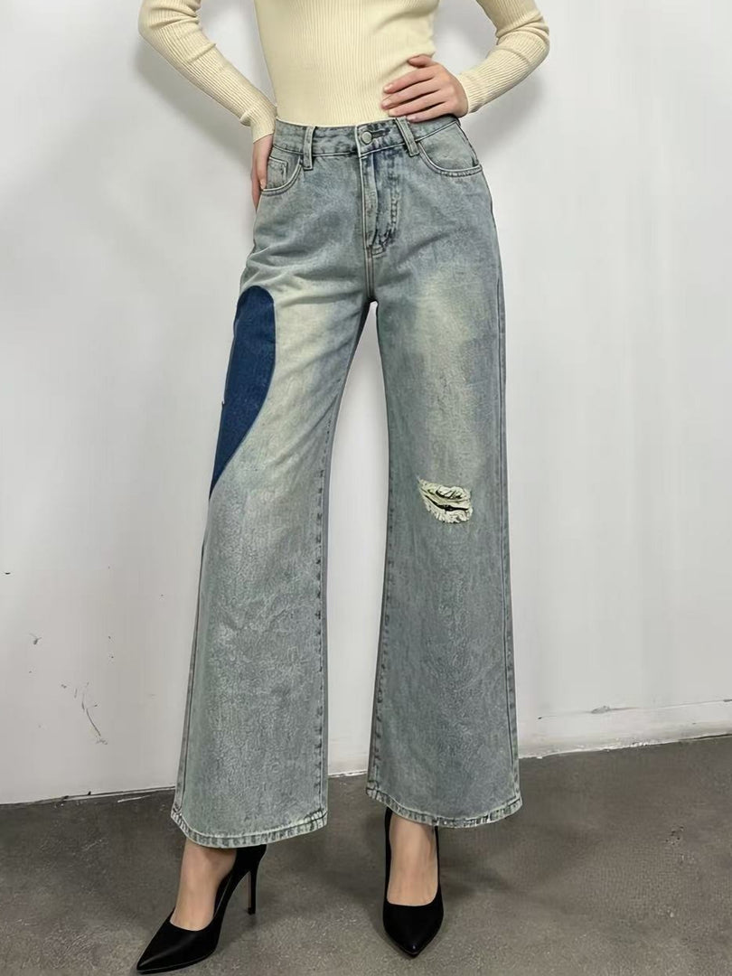 Patchwork Heart Detail Straight Leg Denim Jeans Women N6D163
