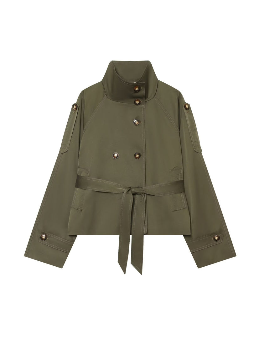 Solid Stand Collar Belted Jacket Women Long Sleeve N6G165