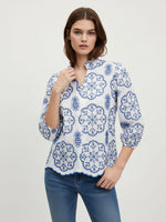 Load image into Gallery viewer, Blue White Pattern Stand Collar Shirt Women N6C125