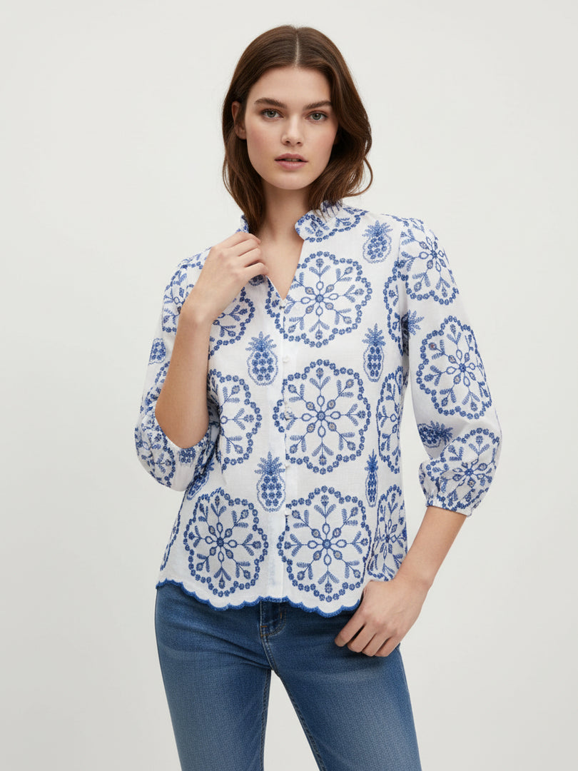 Blue White Pattern Stand Collar Shirt Women N6C125