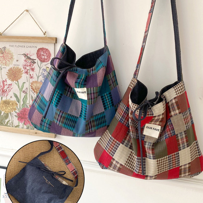 Women's Plaid Denim Tie-Closure Tote Bag N6J203