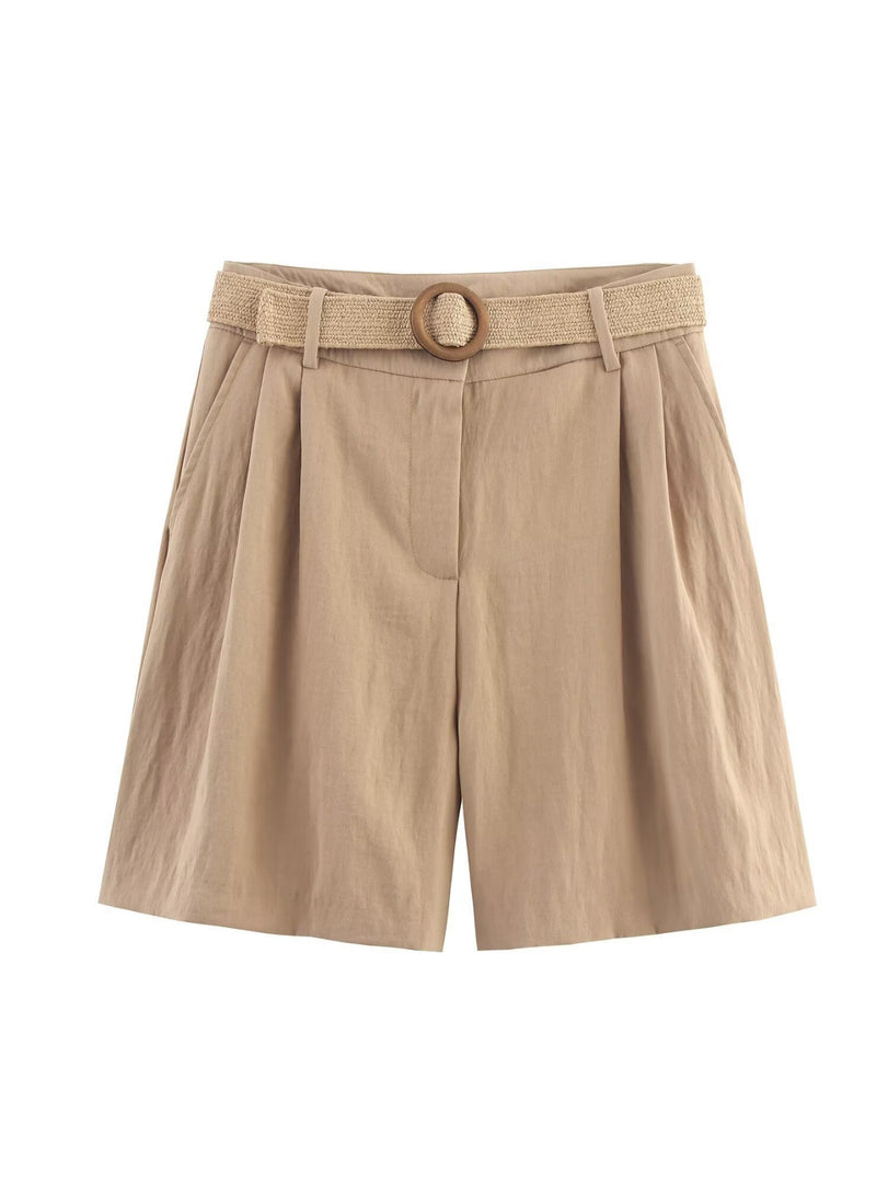 Belted Straight Leg Casual Shorts Women N6F014