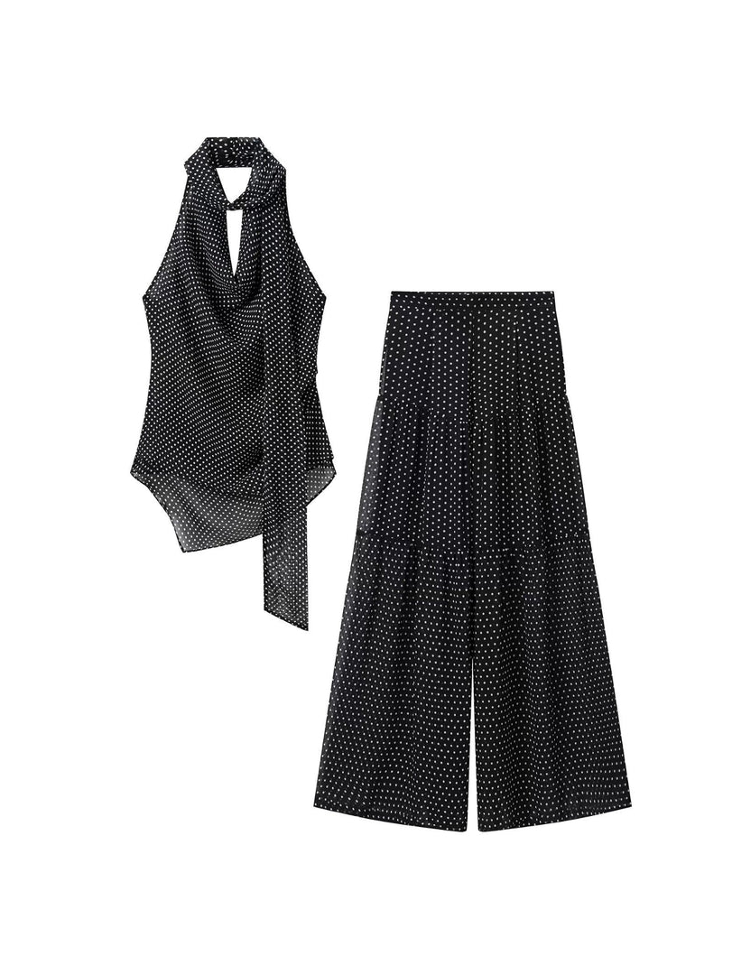 Polka Dot Halter Chiffon Top Pleated Pants Set N6F259