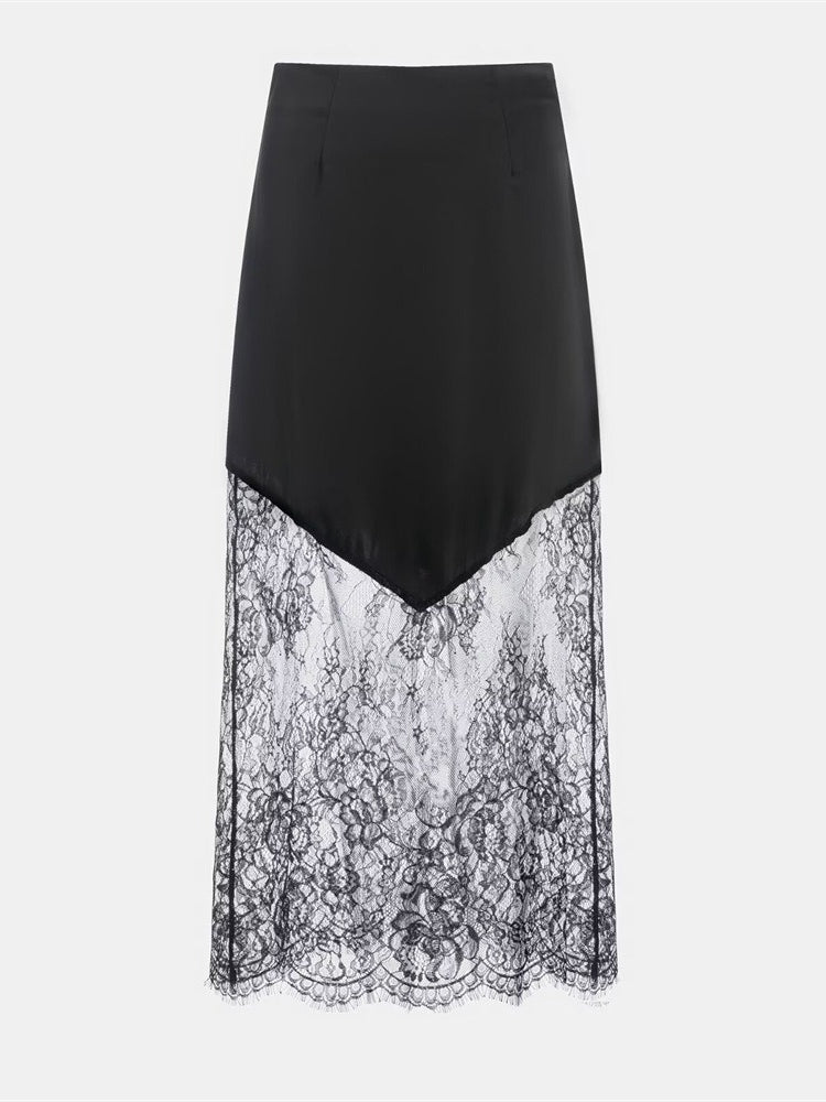 Lace Panel Midi Skirt Women Fashion N6F254