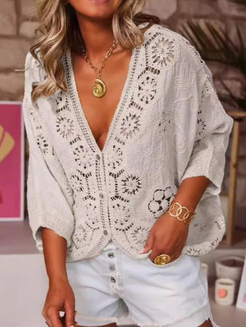 V-Neck Hollow Lace Crochet Blouse Women Commuter N6G272