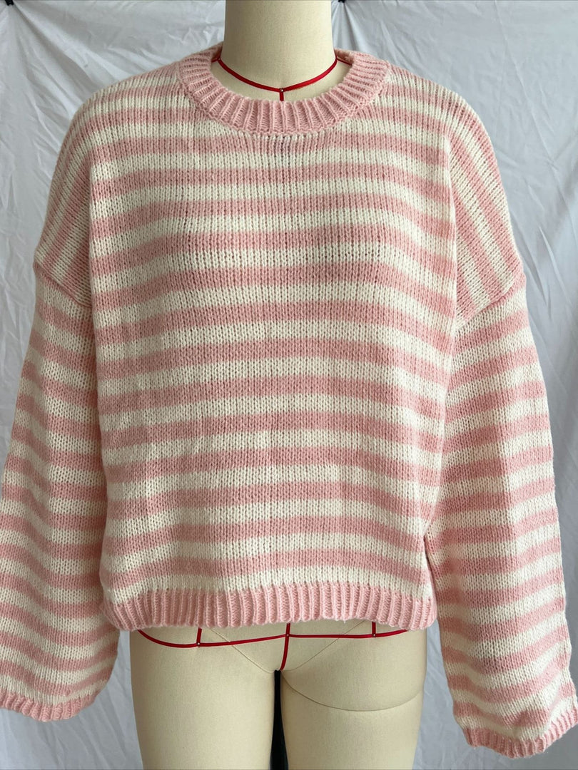 Color Block Stripe Knit Pullover Round Neck Retro N6G139