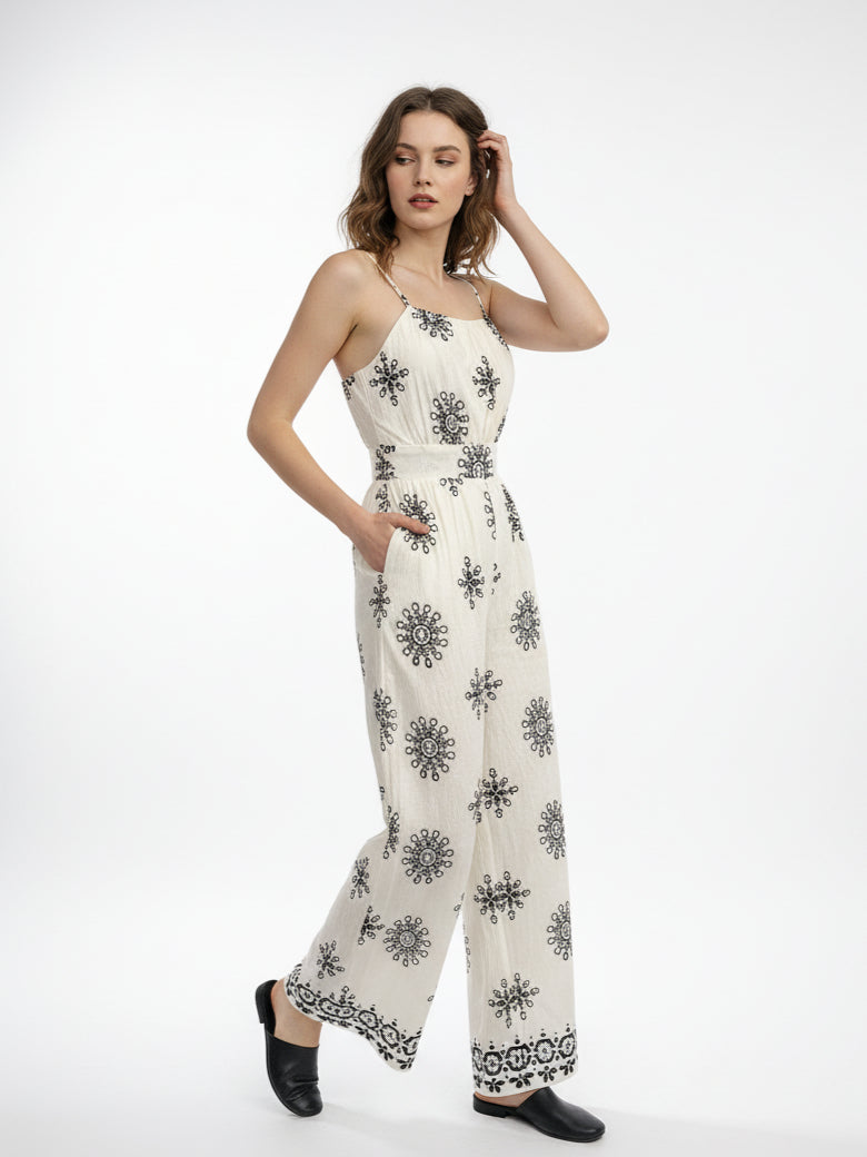 Vacation Halter Ethnic Print Wide Leg Jumpsuit Women N6C253