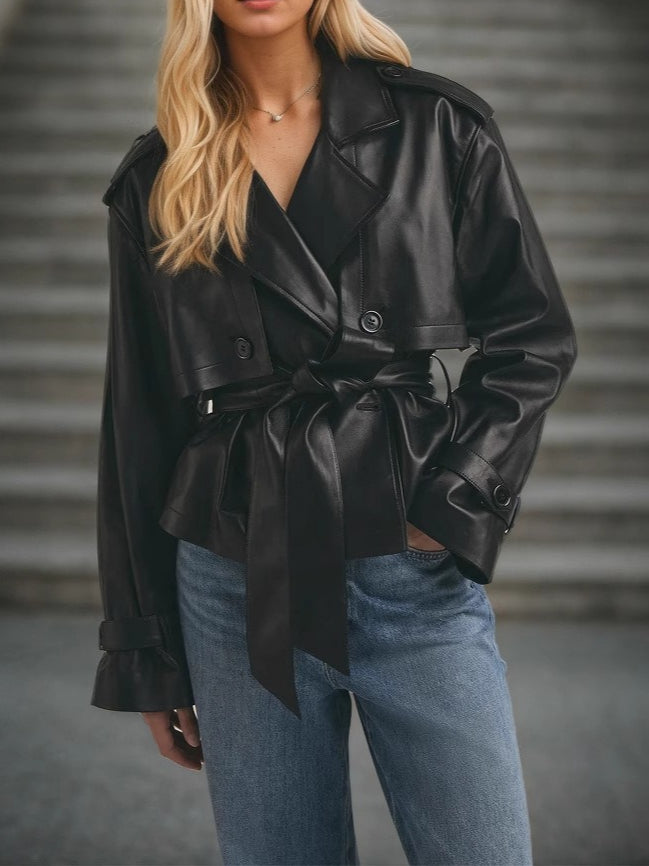 PU Leather Belted Short Jacket Street Style Slim Fit N6G179