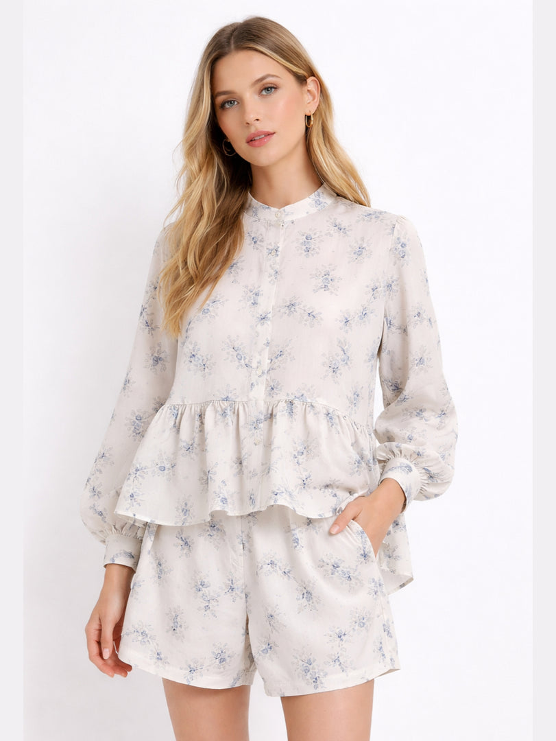 French Puff Sleeve Crop Top and Shorts Set Women N6C189