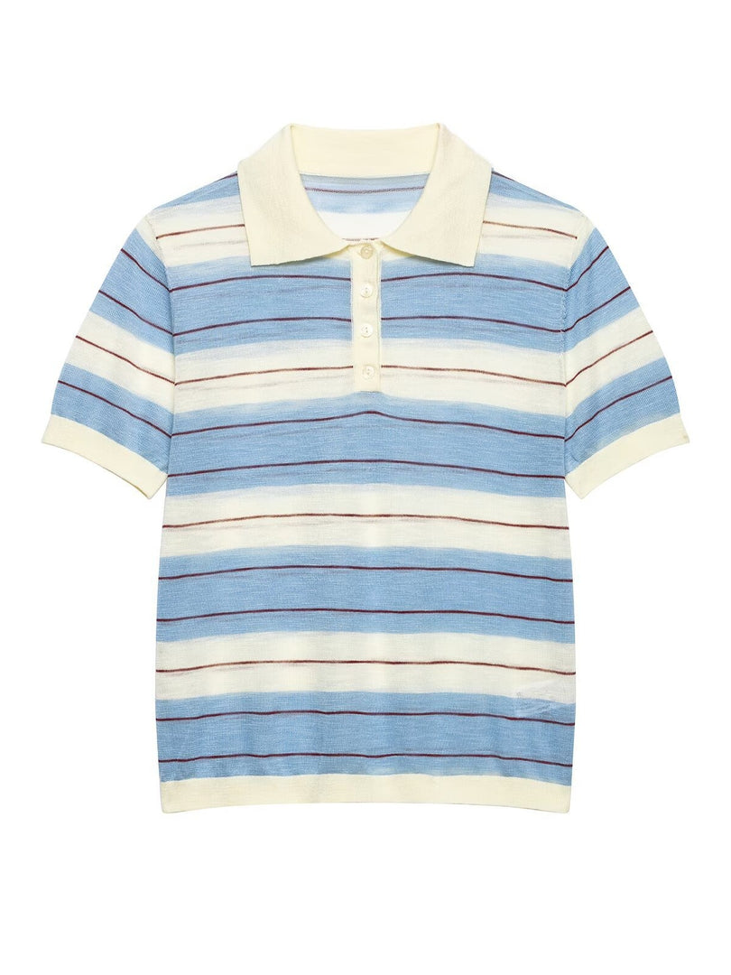 Simple Striped Knit Polo Shirt Short Sleeve Women N6G160