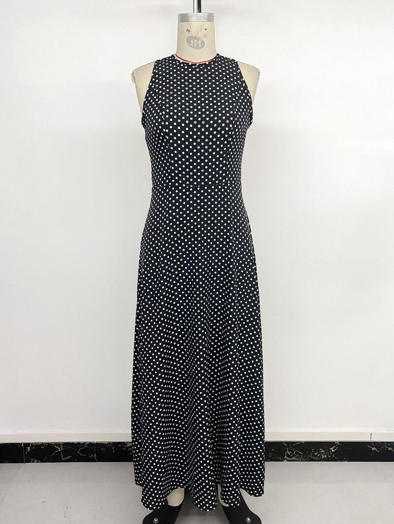 Retro Polka Dot Backless Tie Waist Midi Dress N6E167