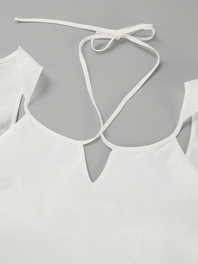 White Linen Flutter Sleeve Top and Wide Leg Pants Set N6D111