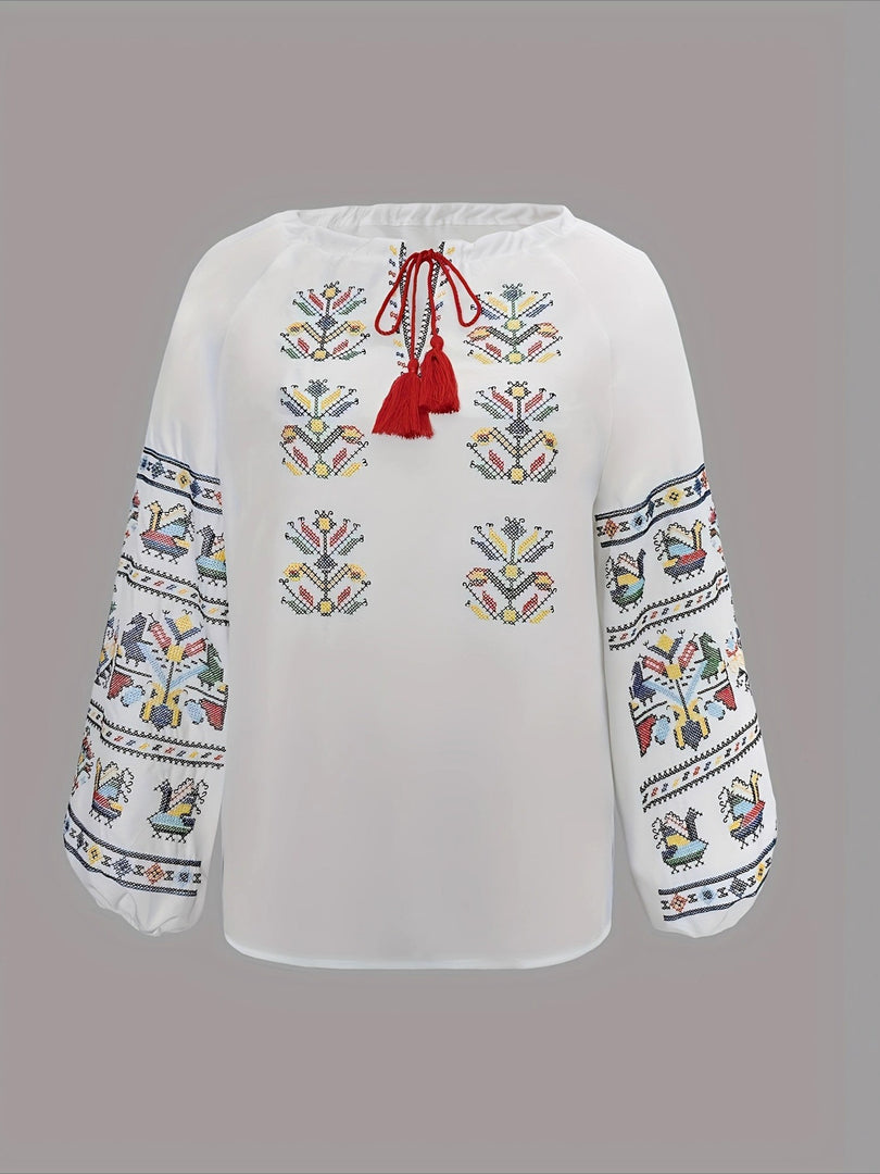 Ethnic Embroidered Loose Long Sleeve Shirt Women N6D099