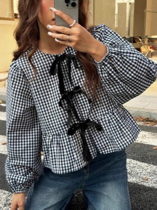 Gingham Bow Tie Open Front Blouse Women N6D133