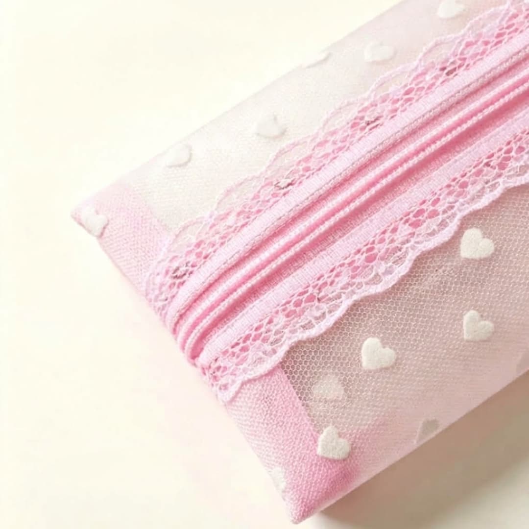 Heart Flocked Nylon Mesh Pencil Pouch N6J263