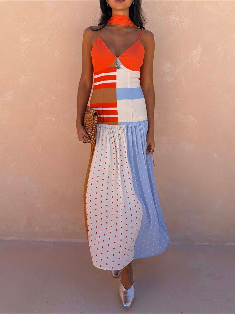 Orange Polka Dot Contrast Spliced Maxi Dress N6F248