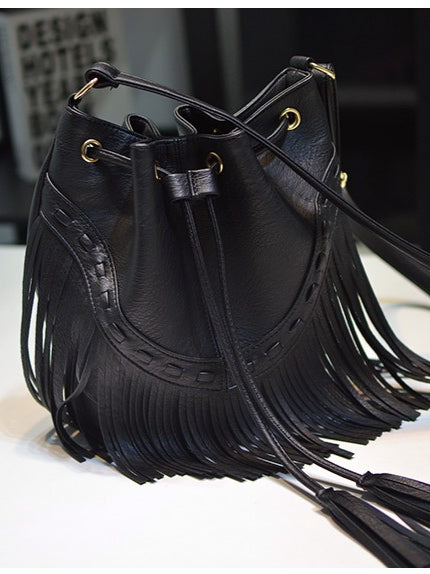 Handmade Fringe Drawstring Bucket Bag Women N6C220