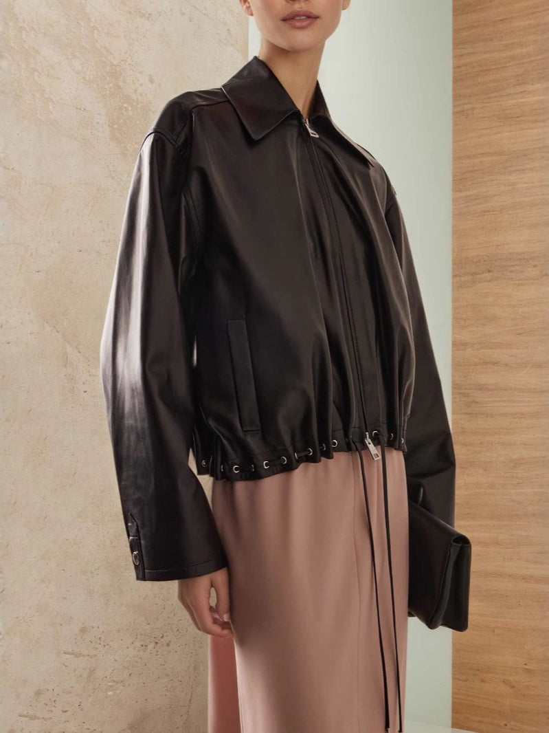 PU Leather Short Zip Jacket Women Stand Collar N6G176