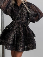 Load image into Gallery viewer, Leopard Print Chiffon Dress with Lapel and Puff Sleeve N6C192