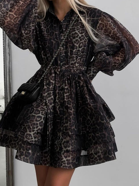 Leopard Print Chiffon Dress with Lapel and Puff Sleeve N6C192