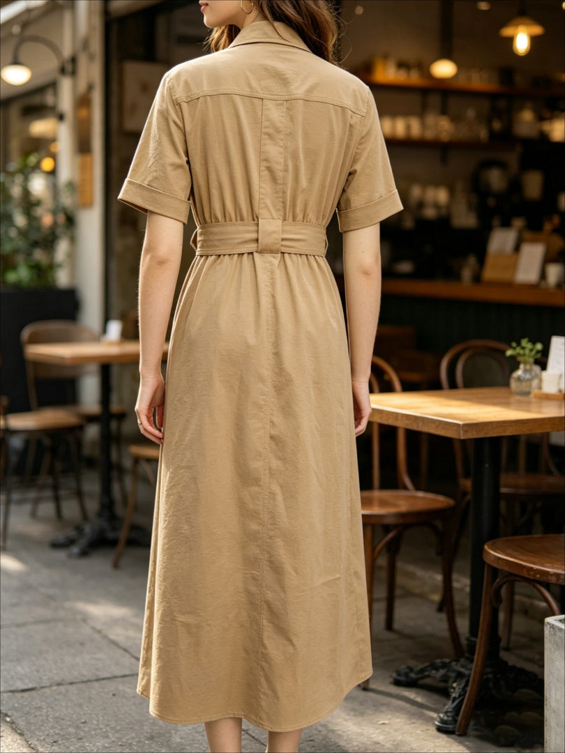 Khaki Short Sleeve Belted Shirt Dress Women N6F230