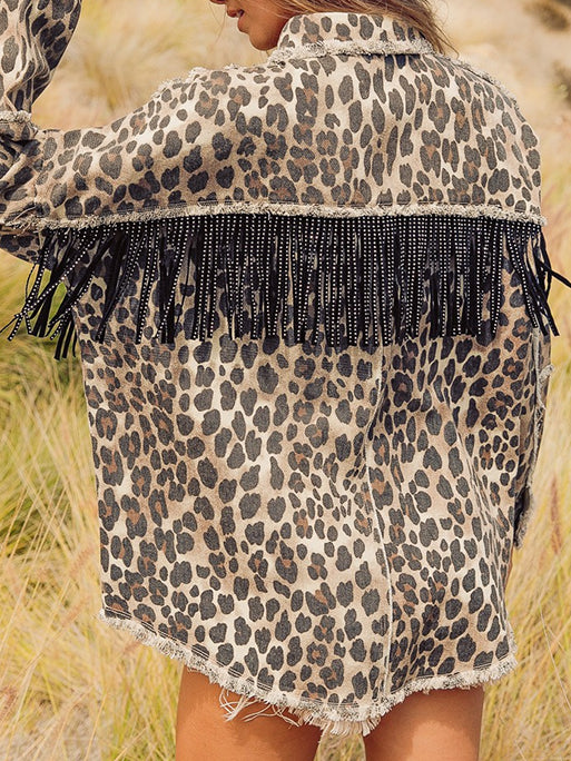 Fringe Leopard Denim Jacket Women Washed N5A118