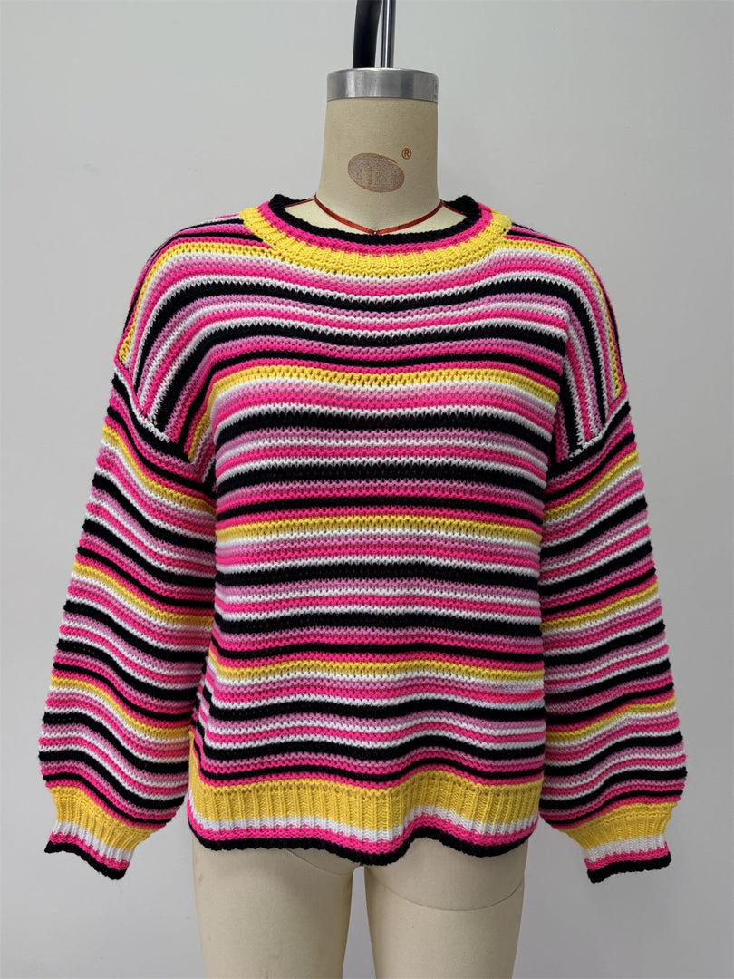 Striped Round Neck Oversized Knit Pullover Women N6G184