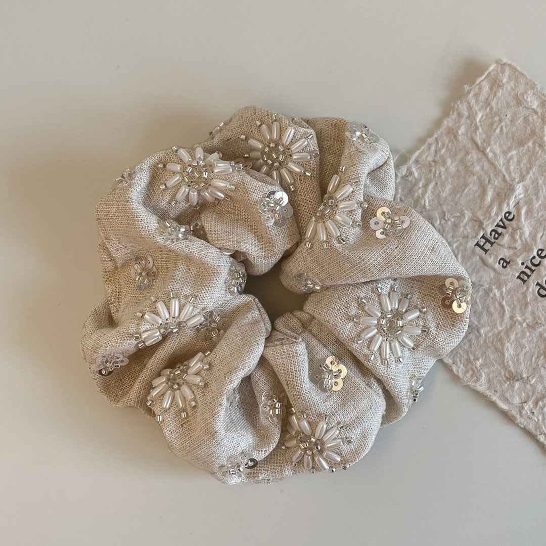 Linen Handmade Sequin Beaded Square Scrunchie N6F139