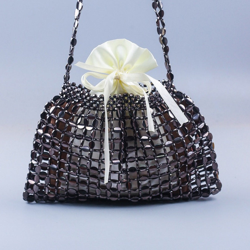 Handwoven Silver Gold Bead Large Hobo Shoulder Bag N6E021