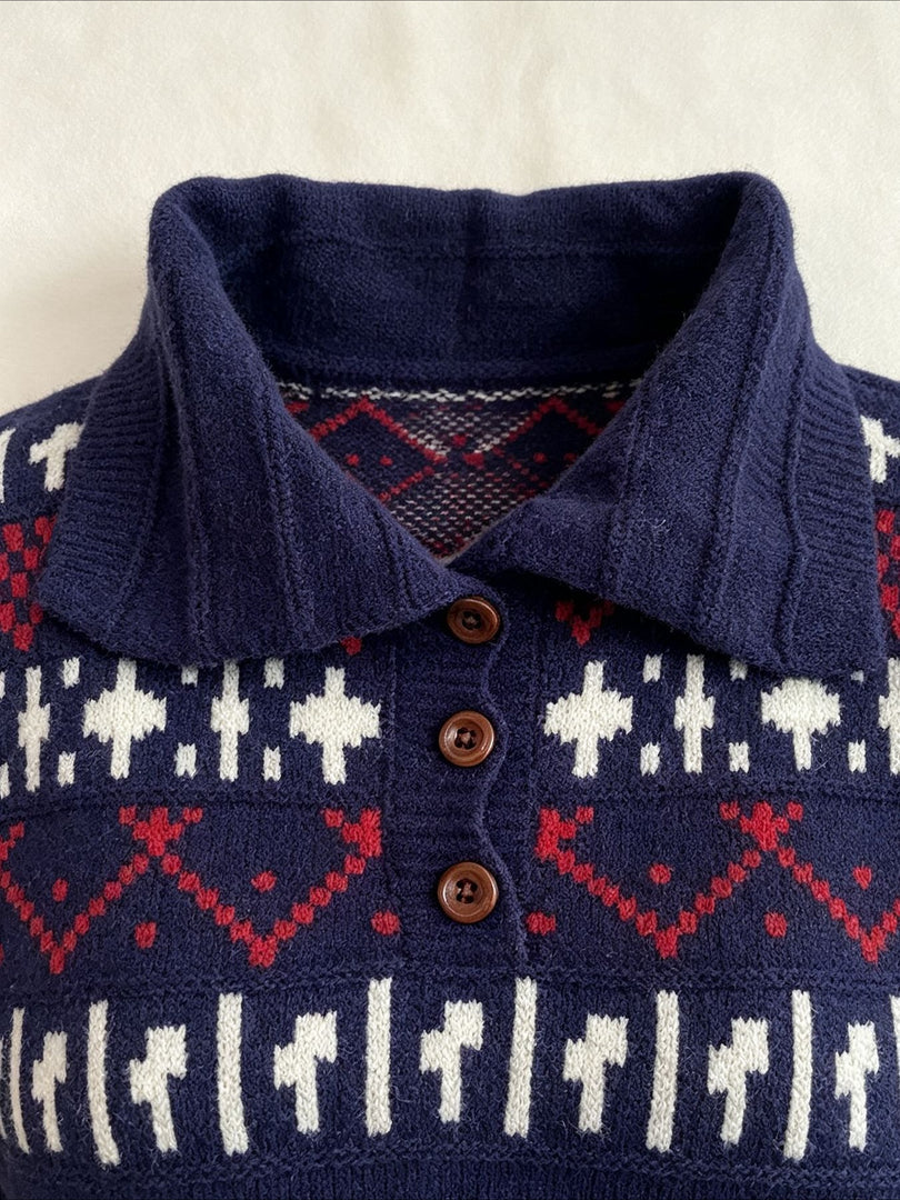 Fair Isle Polo Half Zip Knit Sweater Women Commuter N6H283