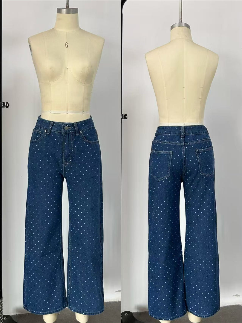 Polka Dot Straight Leg Denim Jeans Women N6F003