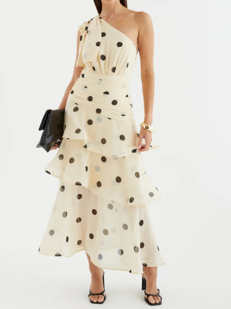 Polka Dot Off Shoulder Tiered Dress N6F032