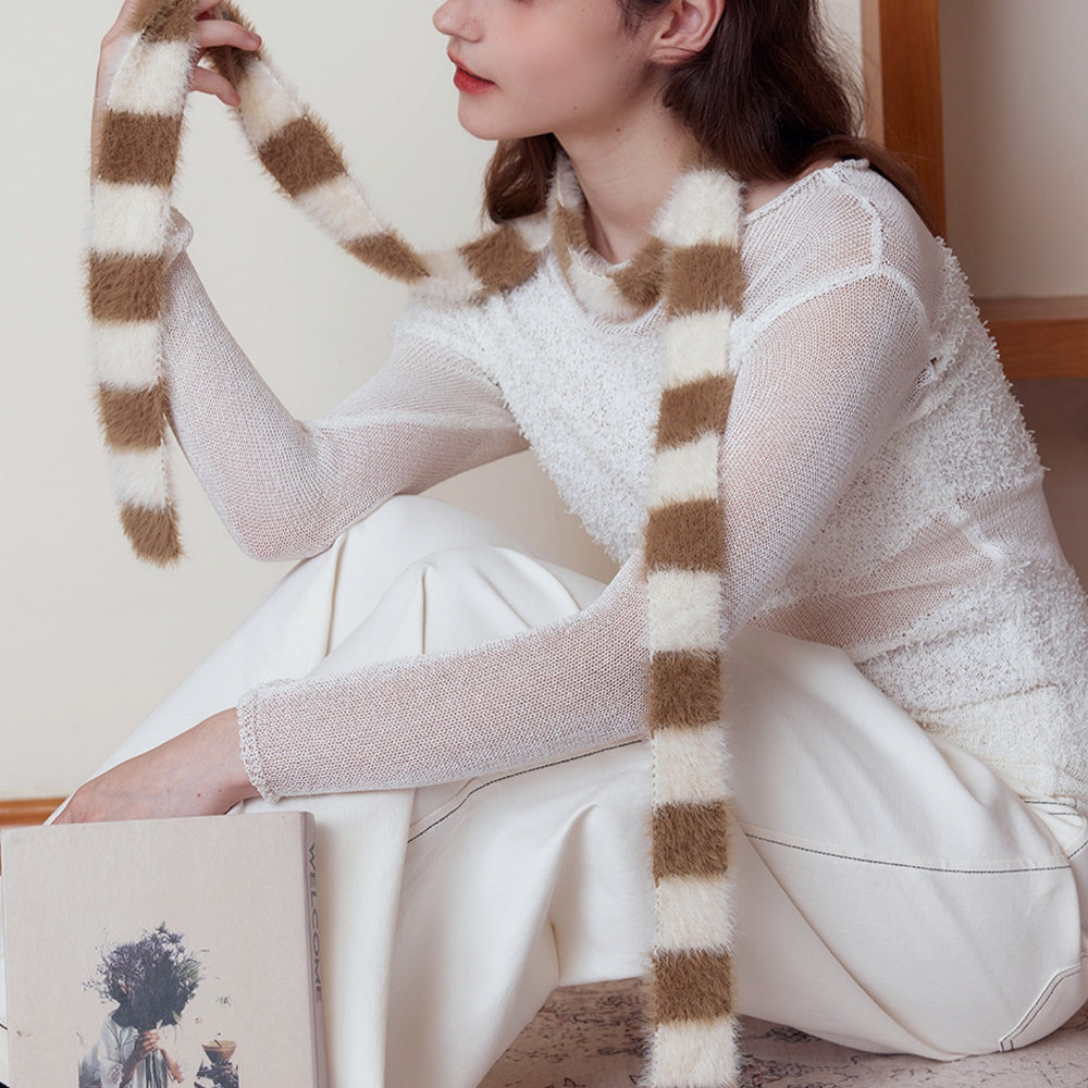 Furry Striped Skinny Knit Scarf Women Autumn N6H251